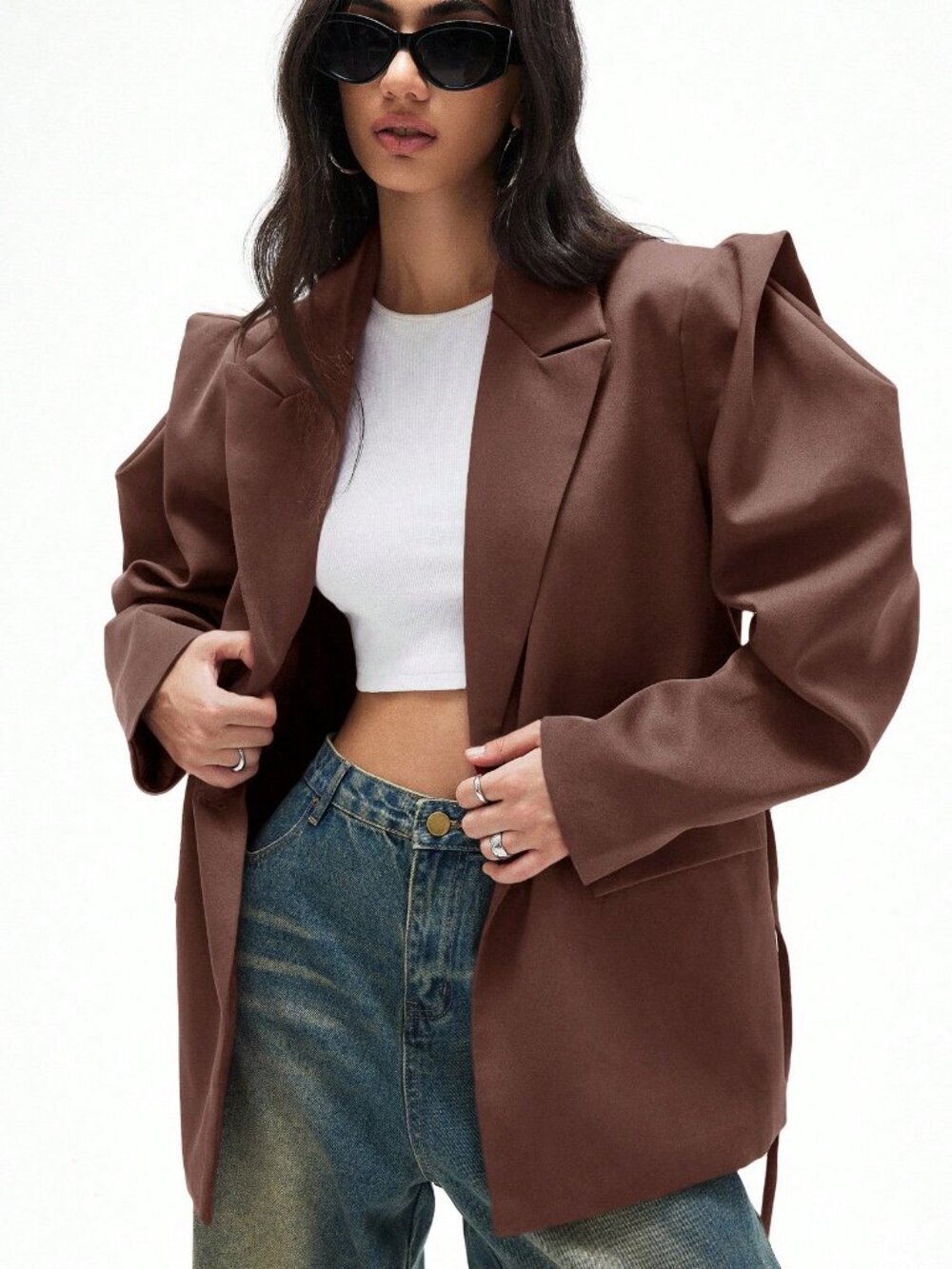 Rusty Rose Elegant Women's Loose Fit Wide Shoulder Drawstring Blazer - Picture 4 of 7